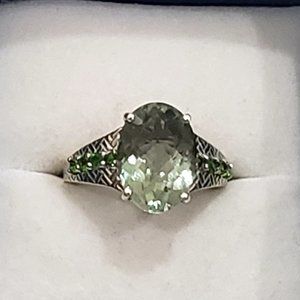 Prasiolite (Green Amethyst) Chrome Diopside ring in Plat/over 925 Sterling sz 8